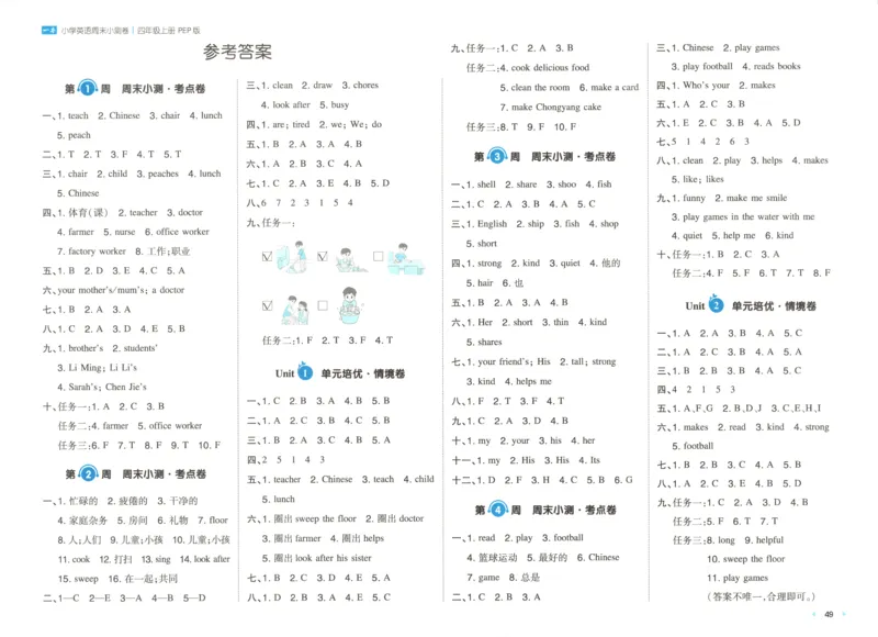 答案_一本周末小测卷英语PEP4上