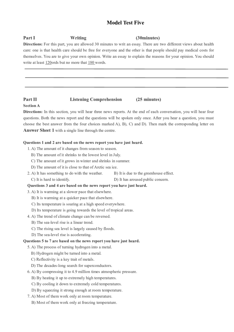 版本一四级模拟5试题_大学英语四级+六级_四级真题_四级密押试卷_新四级模拟卷全10套_版本一四级模拟卷_版本一四级模拟5