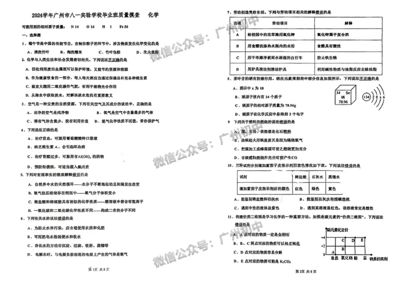 2025广州八市一实验中学中考二模化学试题_广州九上月考+期中+期末+一模二模+中考真题_2025中考二模