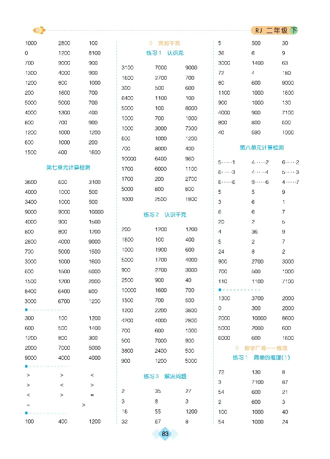 《久为口算题卡》数学2年级下册（RJ）_二年级上下册资料_小学二年级学习资料-25年更新版_2-04、小学二年级数学下册_2-4-2、练习题、作业、试题、试卷_人教版_电子册类