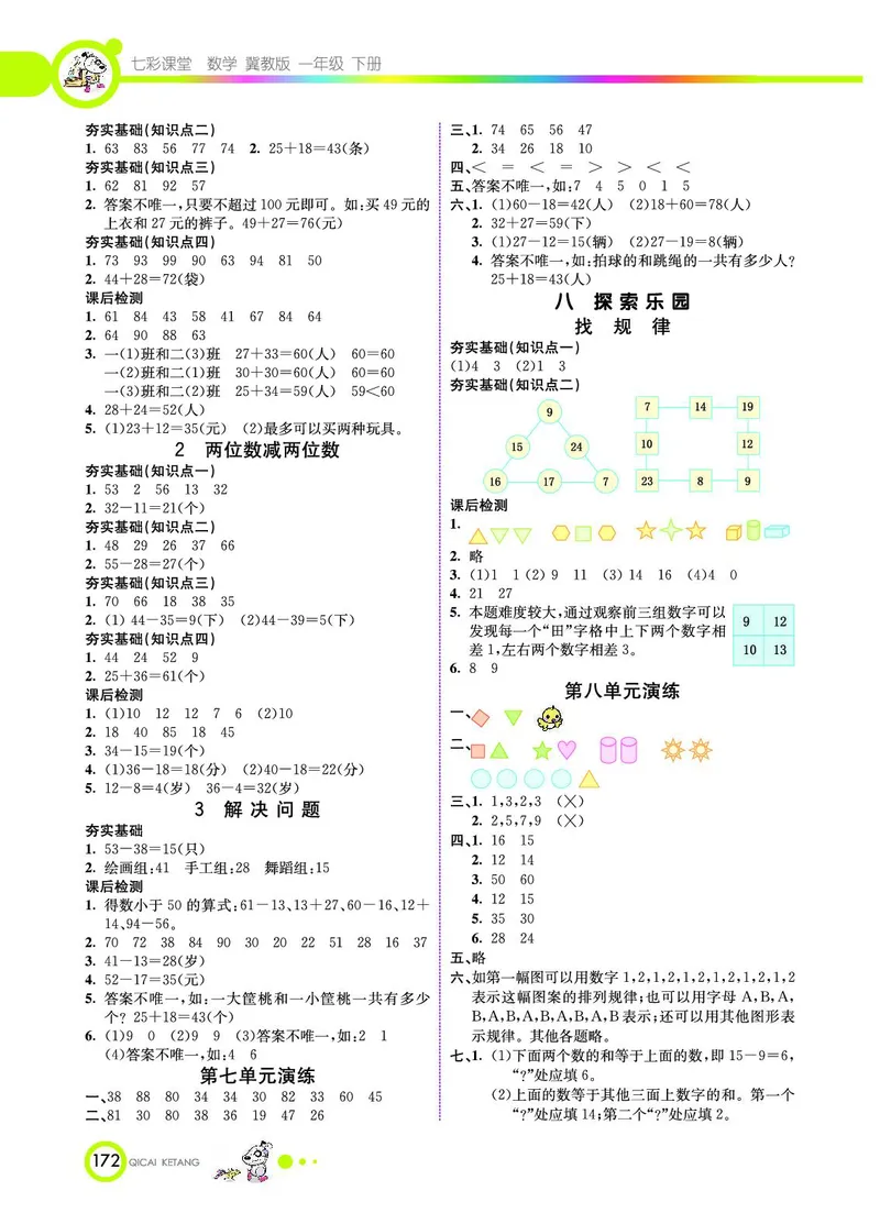 《七彩课堂》数学1年级下册（JJ）_一年级上下册资料_小学一年级学习资料-25年更新版_1-04、小学一年级数学下册_1-4-2、练习题、作业、试题、试卷_冀教版_电子册类