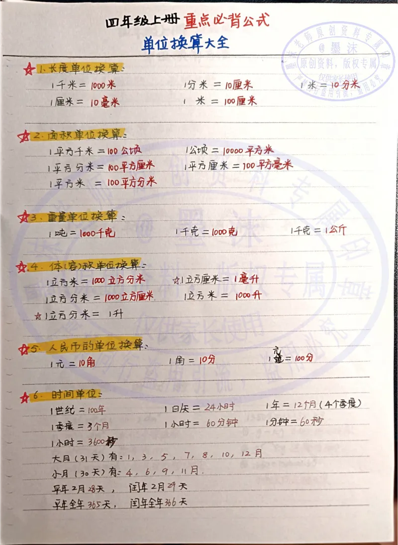 （新）四年级上册重点必背公式---手写笔记_小学全网线上同款资料