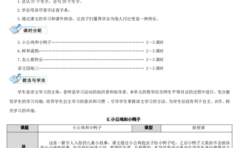 5小公鸡和小鸭子_一年级语文下册（统编版）_老课标资料_教案反思+导学案_表格式_2版表格式导学案_第三单元