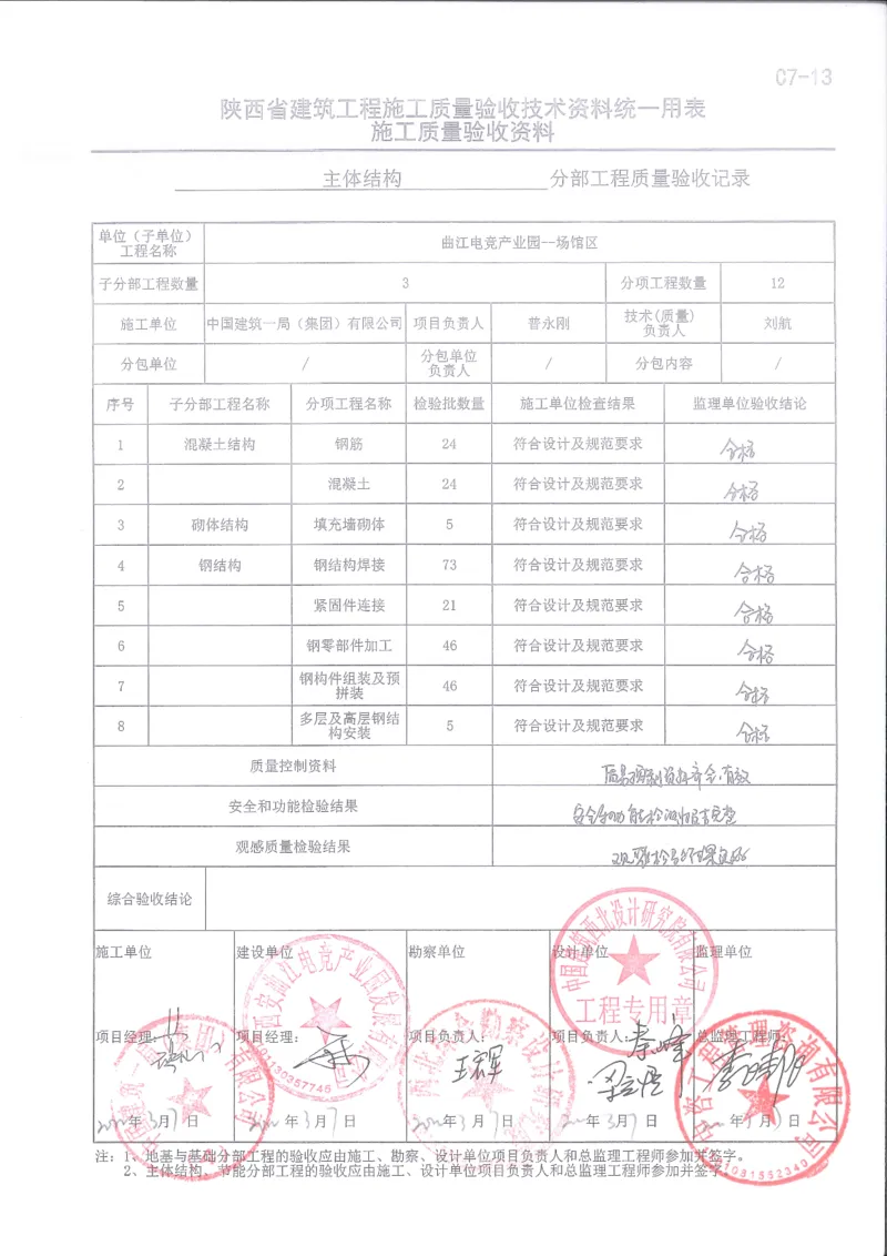 主体结构分部验收记录(1)_2021-2023年优秀施组方案_施工方案_方案27-超大跨度三层四角锥网架安装方案_2.验收资料