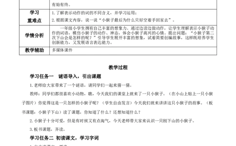 17小猴子下山（教学设计）-（统编版）_一年级语文下册（统编版）_老课标资料_教学设计