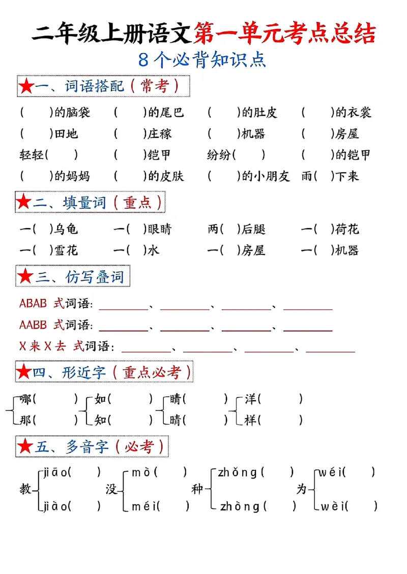 8-空白版二上语文1-4单元考点总结空白版_二年级上下册资料_二年级上册小红书同款资料_二年级