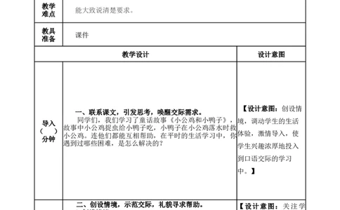 口语交际：请你帮个忙-教案_一年级语文下册（统编版）_老课标资料_教案反思+导学案_表格式_5版表格式教案