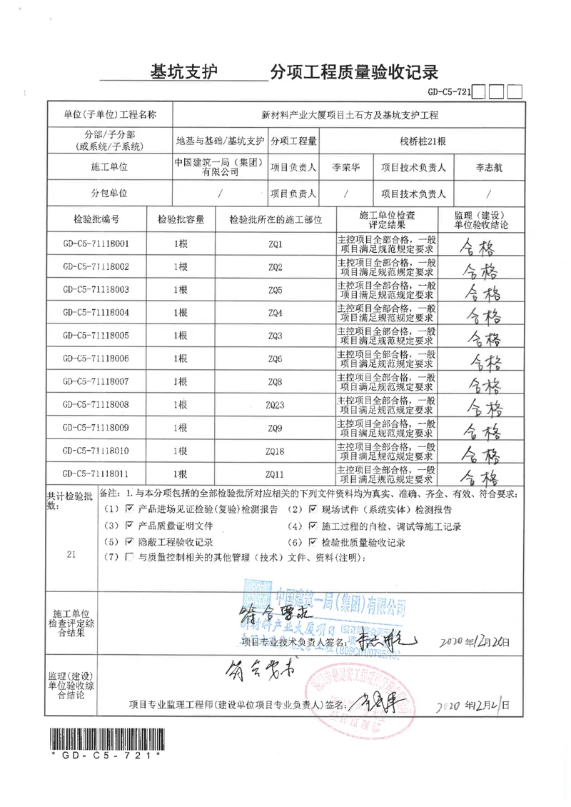 ②分项工程验收记录扫描件_2021-2023年优秀施组方案_施工方案_方案15-新材料产业大厦项目土石方及基坑支护工程&mdash;局促深基坑出土栈桥安全专项施工方案_2验收及照片