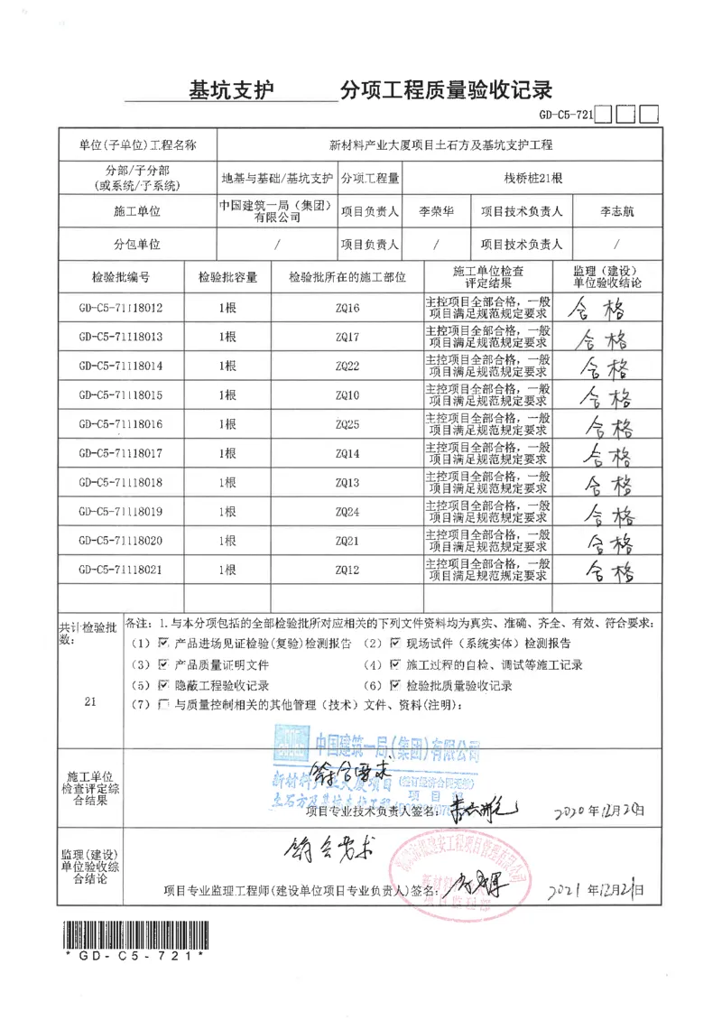 ②分项工程验收记录扫描件_2021-2023年优秀施组方案_施工方案_方案15-新材料产业大厦项目土石方及基坑支护工程&mdash;局促深基坑出土栈桥安全专项施工方案_2验收及照片