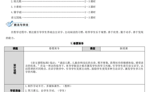 1.春夏秋冬(1)_一年级语文下册（统编版）_老课标资料_教案反思+导学案_表格式_2版表格式导学案_第一单元