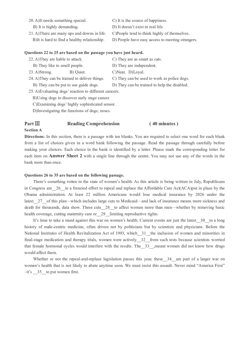 版本一四级模拟3试题_大学英语四级+六级_四级真题_四级密押试卷_新四级模拟卷全10套_版本一四级模拟卷_版本一四级模拟3