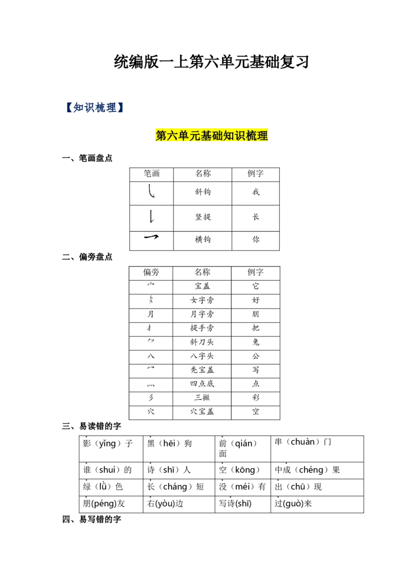 第六单元（知识清单）（统编版）_一年级语文上册（统编版）_单元知识复习专项_2024版