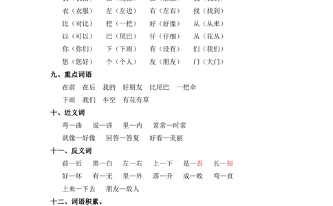 第六单元（知识清单）（统编版）_一年级语文上册（统编版）_单元知识复习专项_2024版