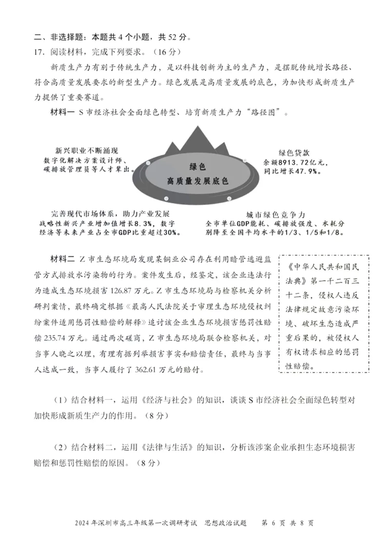 2024年2月深圳市高三一模政治试卷_@高三模考真题_2024年2月深圳市高三一模试卷及答案