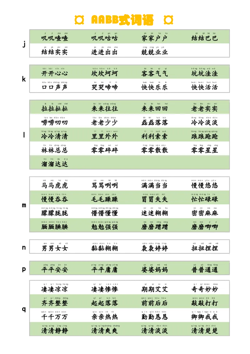 AABB式词语_一年级上下册资料_小学一年级学习资料-25年更新版_1-02、小学一年级语文下册_3-6-2-1、复习、知识点、归纳汇总_部编（人教）版_精品总结类资料（背读类）