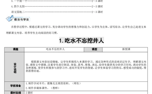 1.吃水不忘挖井人_一年级语文下册（统编版）_老课标资料_教案反思+导学案_表格式_2版表格式导学案_第二单元