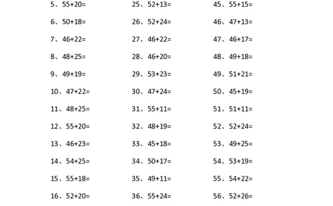 80以内加法第51~70篇_小学数学口算竖式脱式计算应用题一二三四五六年级上下册电_小学数学口算题库电子版（1-6）_小学数学口算一年级_口算题适合1年级(含答案）