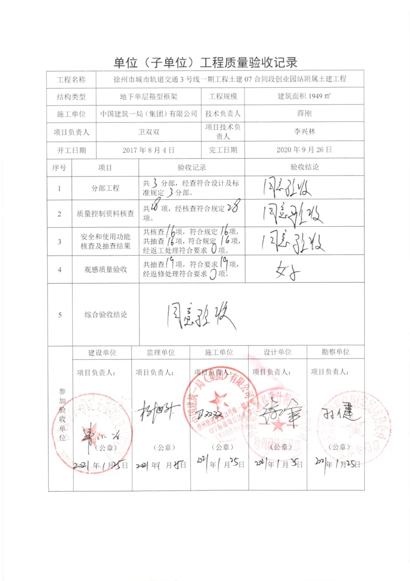4单位（子单位）工程质量验收记录_2021-2023年优秀施组方案_施工组织设计_施组12-徐州地铁3号线07标施工组织设计_徐州轨道交通3号线施工组织设计竞赛申报-中建市政