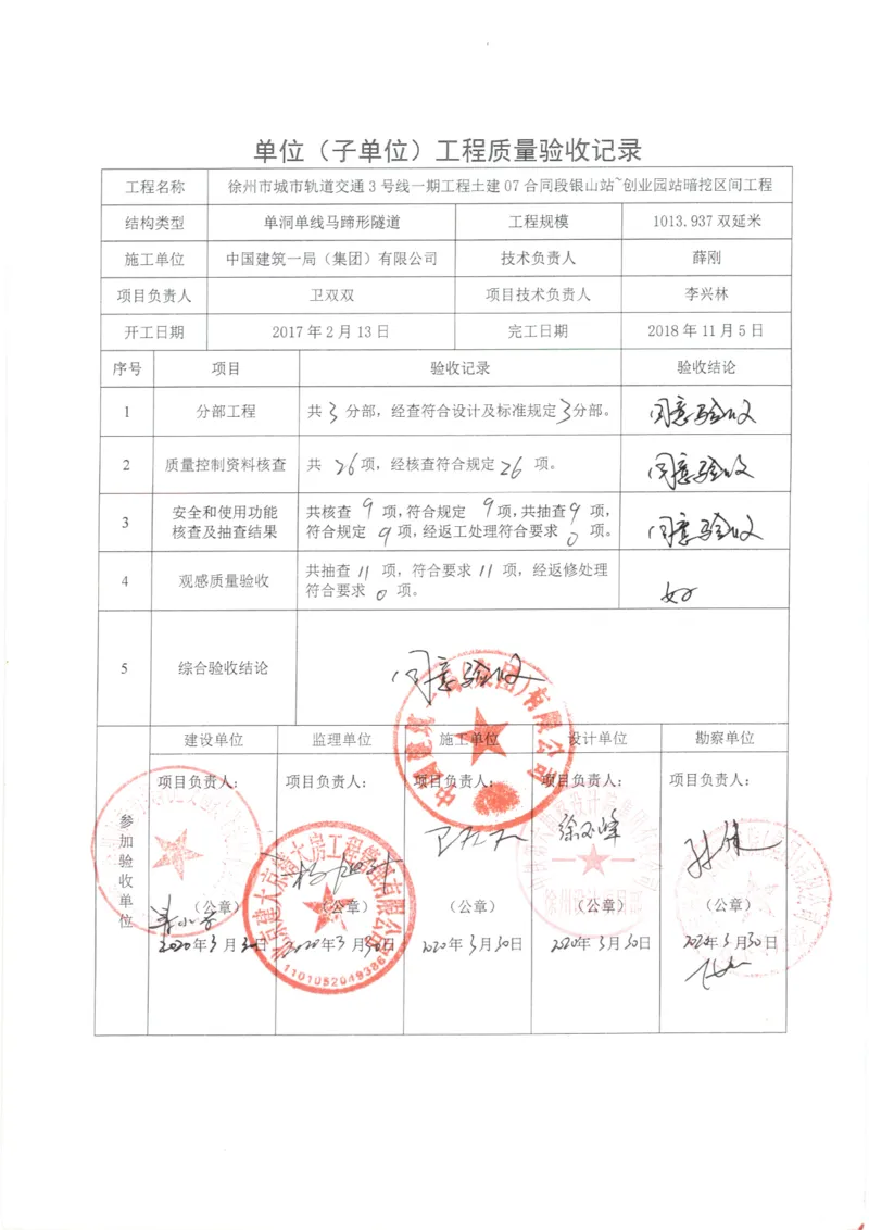 4单位（子单位）工程质量验收记录_2021-2023年优秀施组方案_施工组织设计_施组12-徐州地铁3号线07标施工组织设计_徐州轨道交通3号线施工组织设计竞赛申报-中建市政