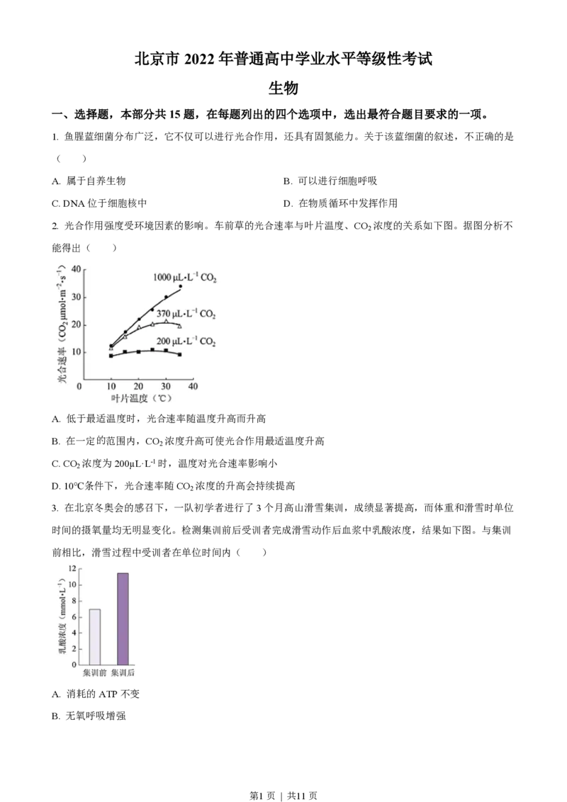 2022年高考生物试卷（北京）（空白卷）_生物历年高考真题_新&middot;PDF版2008-2025&middot;高考生物真题_生物（按年份分类）2008-2025_2022&middot;高考生物真题