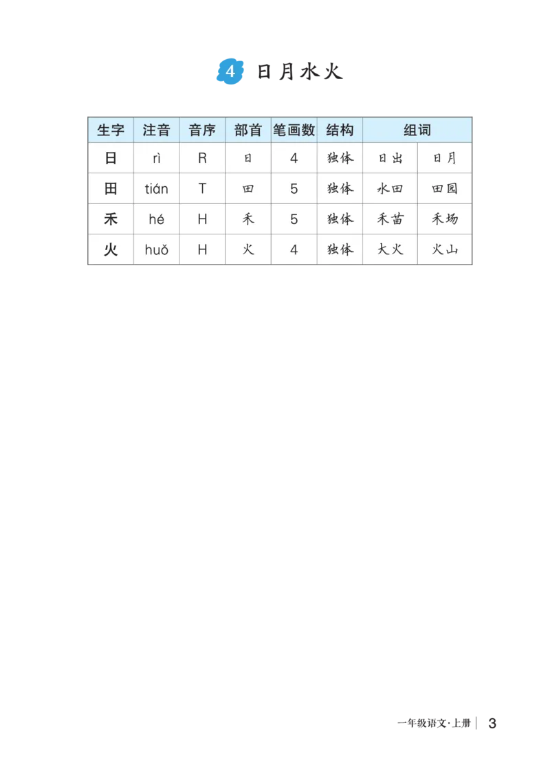 4日月水火_一年级语文上册（统编版）_老课标资料_预学案_生字预习单答案