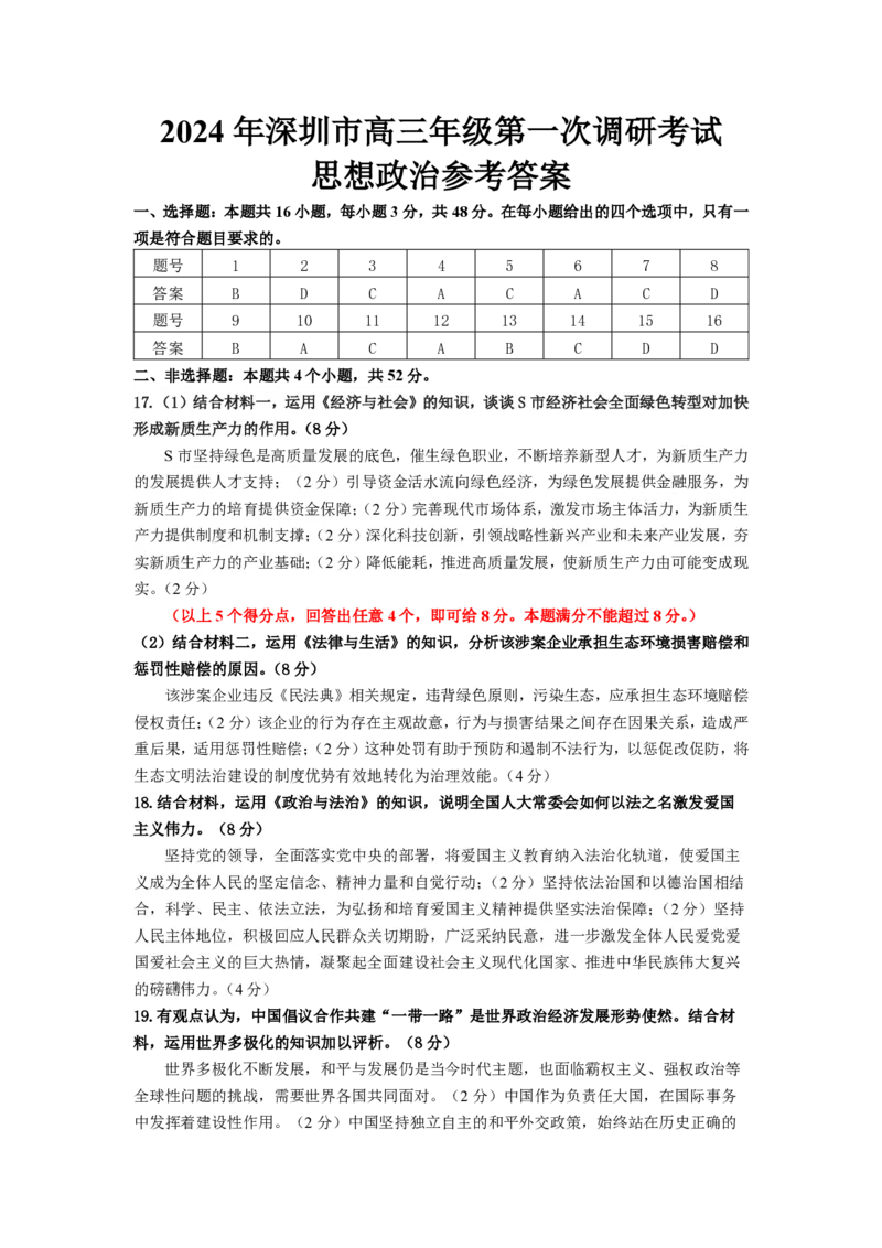 2024年2月深圳市高三一模政治答案_@高三模考真题_2024年2月深圳市高三一模试卷及答案