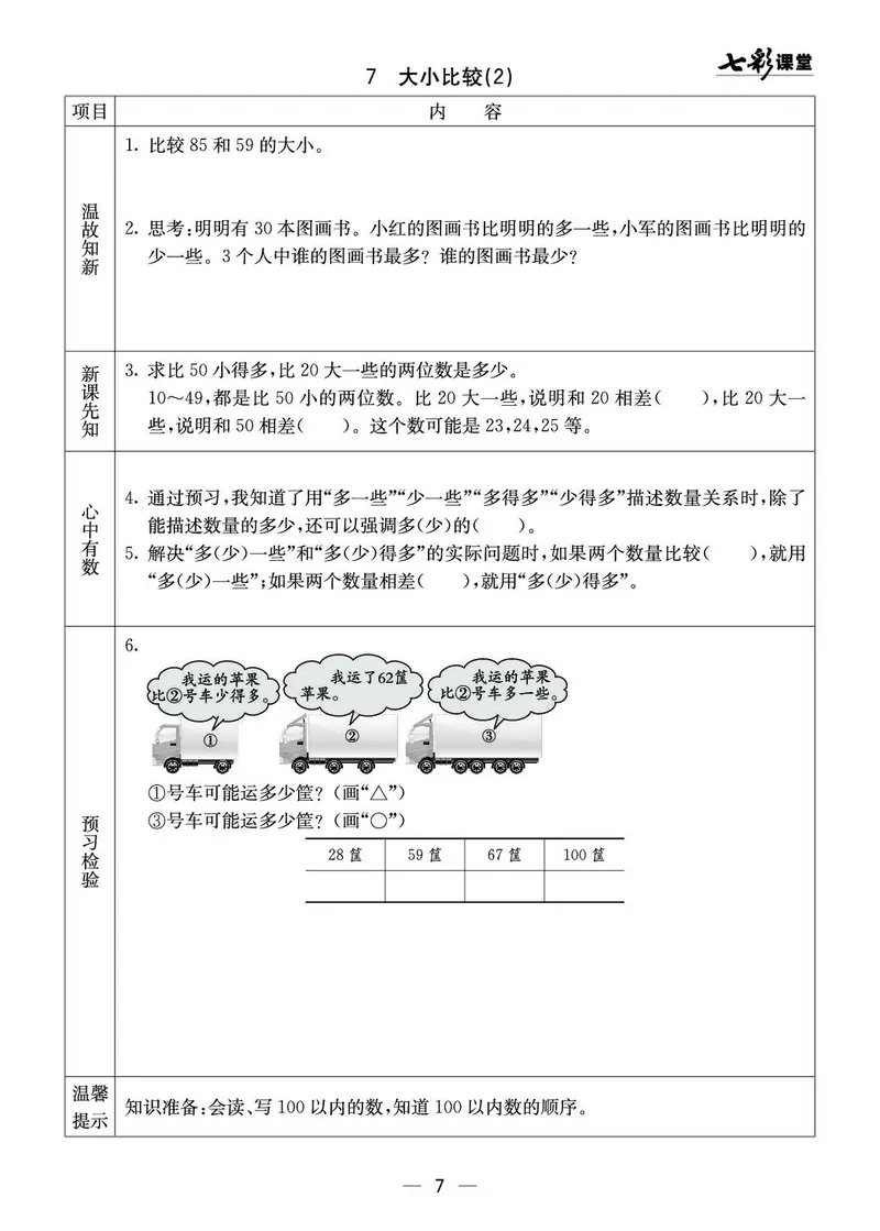 《七彩课堂》预习卡-数学1年级下册（XS）_一年级上下册资料_小学一年级学习资料-25年更新版_1-04、小学一年级数学下册_1-4-2、练习题、作业、试题、试卷_西师版_电子册