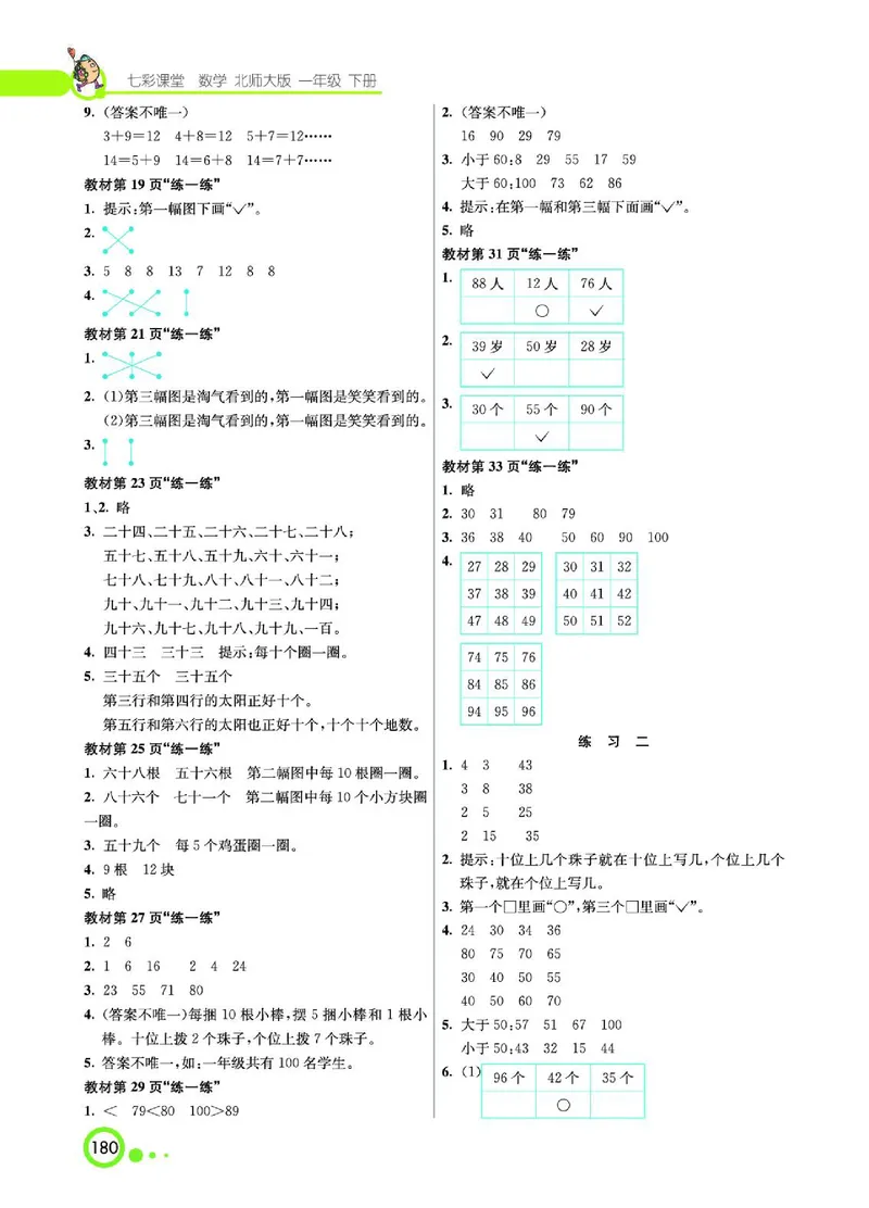 《七彩课堂》数学1年级下册（BS）_一年级上下册资料_小学一年级学习资料-25年更新版_1-04、小学一年级数学下册_1-4-2、练习题、作业、试题、试卷_北师大版_电子册类