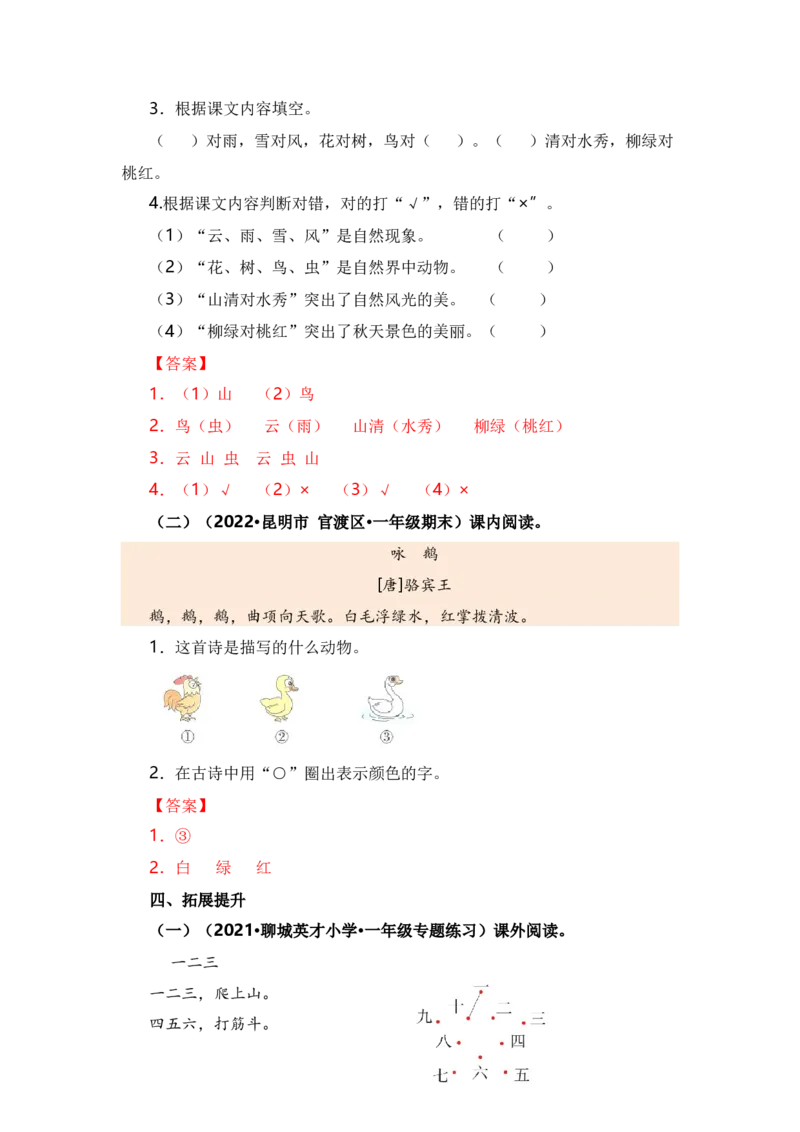 第一单元（知识清单）（统编版）_一年级语文上册（统编版）_单元知识复习专项_2024版