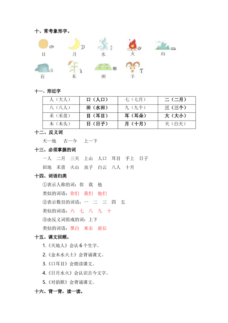 第一单元（知识清单）（统编版）_一年级语文上册（统编版）_单元知识复习专项_2024版