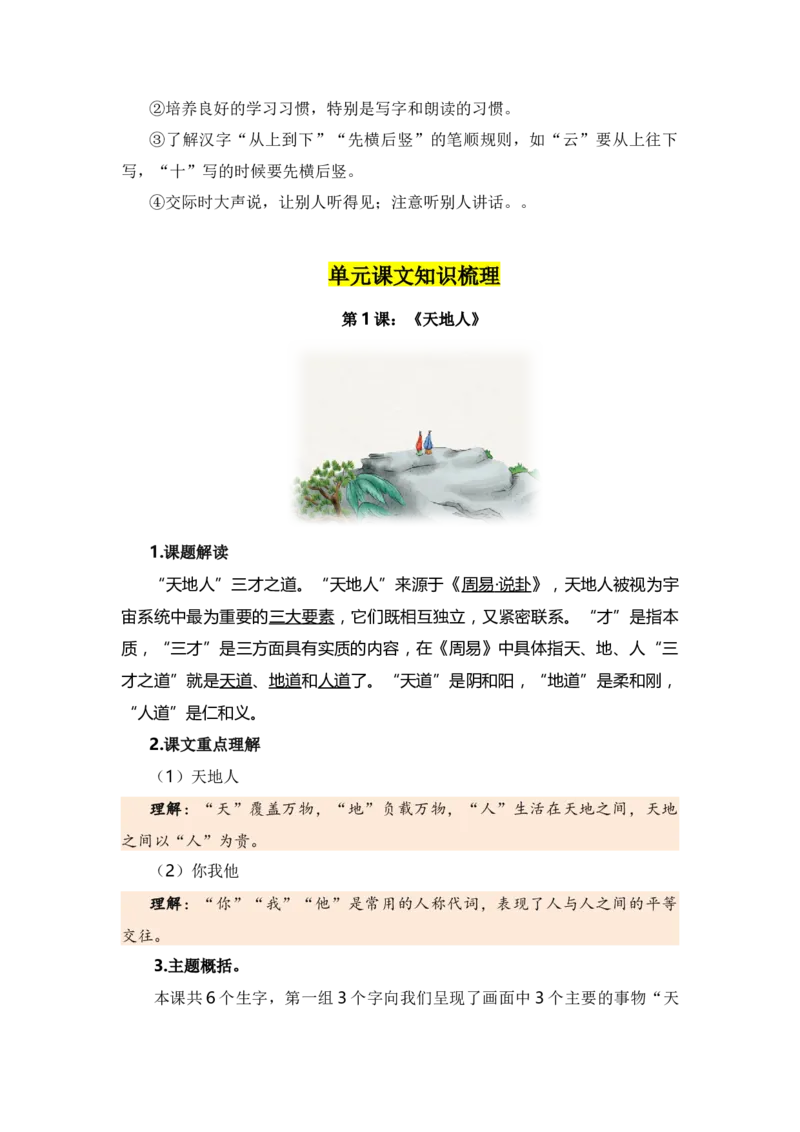 第一单元（知识清单）（统编版）_一年级语文上册（统编版）_单元知识复习专项_2024版