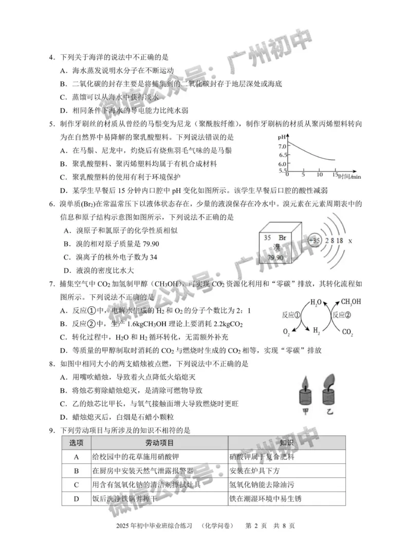 2025白云区中考二模化学试题_广州九上月考+期中+期末+一模二模+中考真题_2025中考二模
