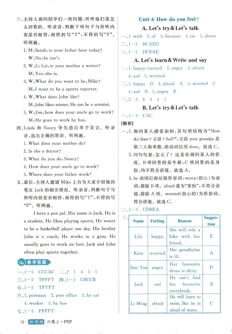 答案精解英语6_《优翼新领程》25秋英语6年级上册（人教PEP）