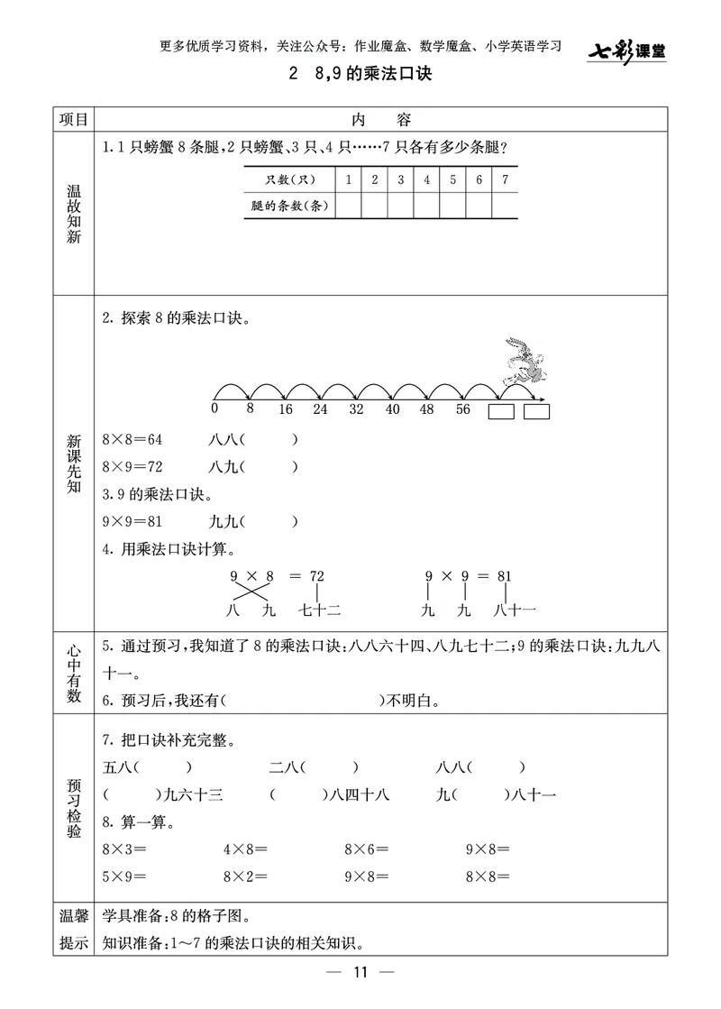 《七彩课堂》预习卡-数学2年级上册（XS）_二年级上下册资料_小学二年级学习资料-25年更新版_2-03、小学二年级数学上册_2-3-2、练习题、作业、试题、试卷_西师版_电子册类