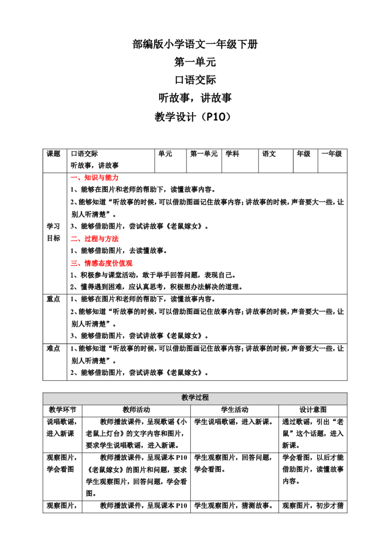 口语交际听故事，讲故事教案_一年级语文下册（统编版）_老课标资料_教案反思+导学案_表格式_6版表格教案（带三维目标）_第1单元