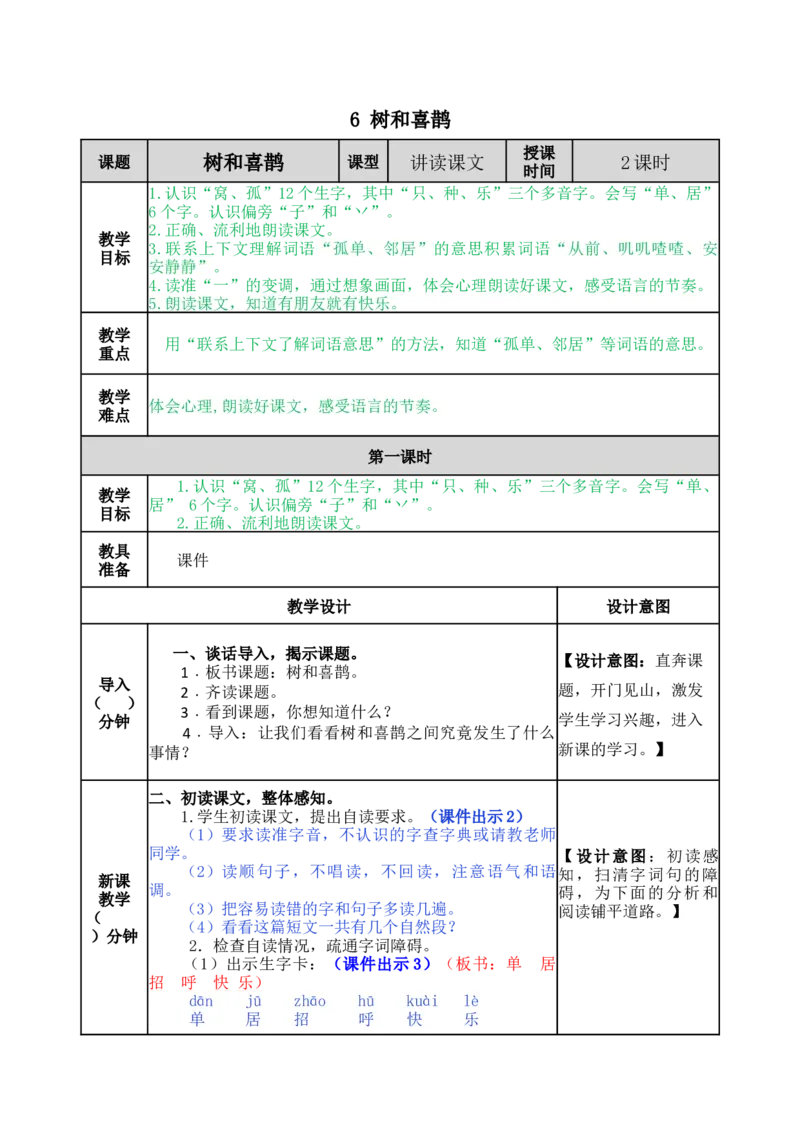 6树和喜鹊-教案_一年级语文下册（统编版）_老课标资料_教案反思+导学案_表格式_5版表格式教案