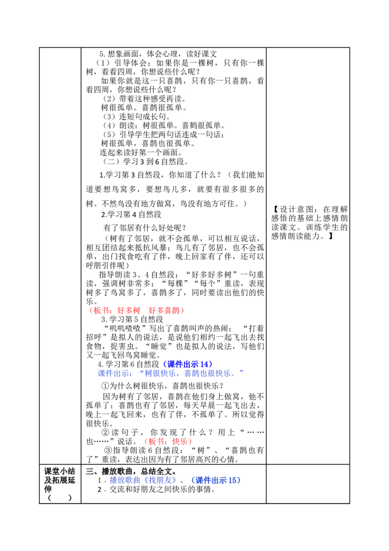 6树和喜鹊-教案_一年级语文下册（统编版）_老课标资料_教案反思+导学案_表格式_5版表格式教案