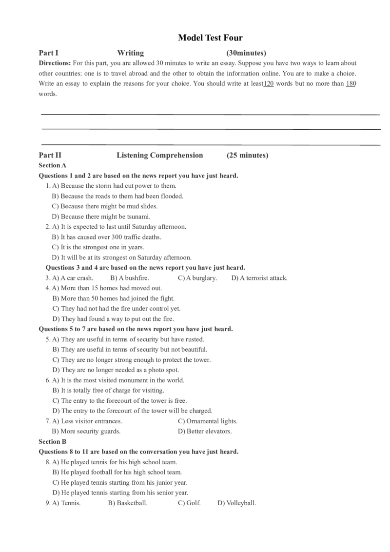 版本一四级模拟4试题_大学英语四级+六级_四级真题_四级密押试卷_新四级模拟卷全10套_版本一四级模拟卷_版本一四级模拟4
