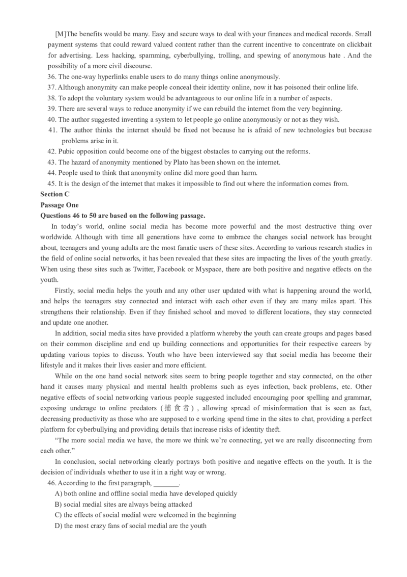 版本一四级模拟4试题_大学英语四级+六级_四级真题_四级密押试卷_新四级模拟卷全10套_版本一四级模拟卷_版本一四级模拟4