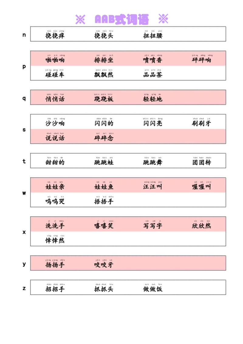 AAB式词语_一年级上下册资料_小学一年级学习资料-25年更新版_1-02、小学一年级语文下册_3-6-2-1、复习、知识点、归纳汇总_部编（人教）版_精品总结类资料（背读类）