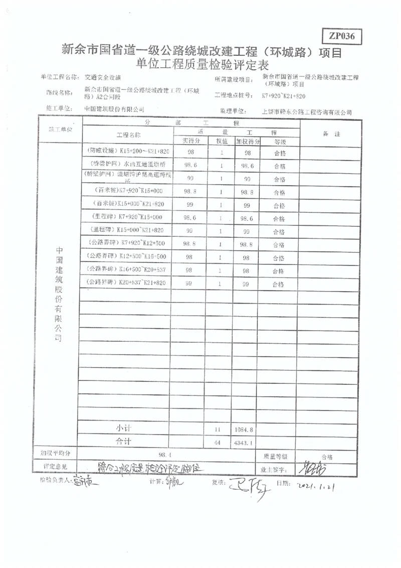 4、国道G533-交工验收工程质量评定表_2021-2023年优秀施组方案_施工组织设计_施组11-新余环城路项目施工组织设计_交工验收记录_G533