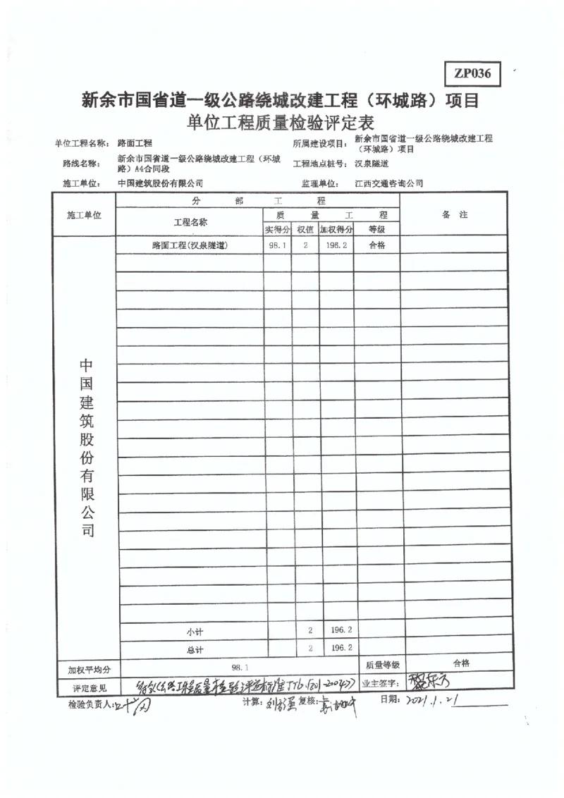 4、国道G533-交工验收工程质量评定表_2021-2023年优秀施组方案_施工组织设计_施组11-新余环城路项目施工组织设计_交工验收记录_G533