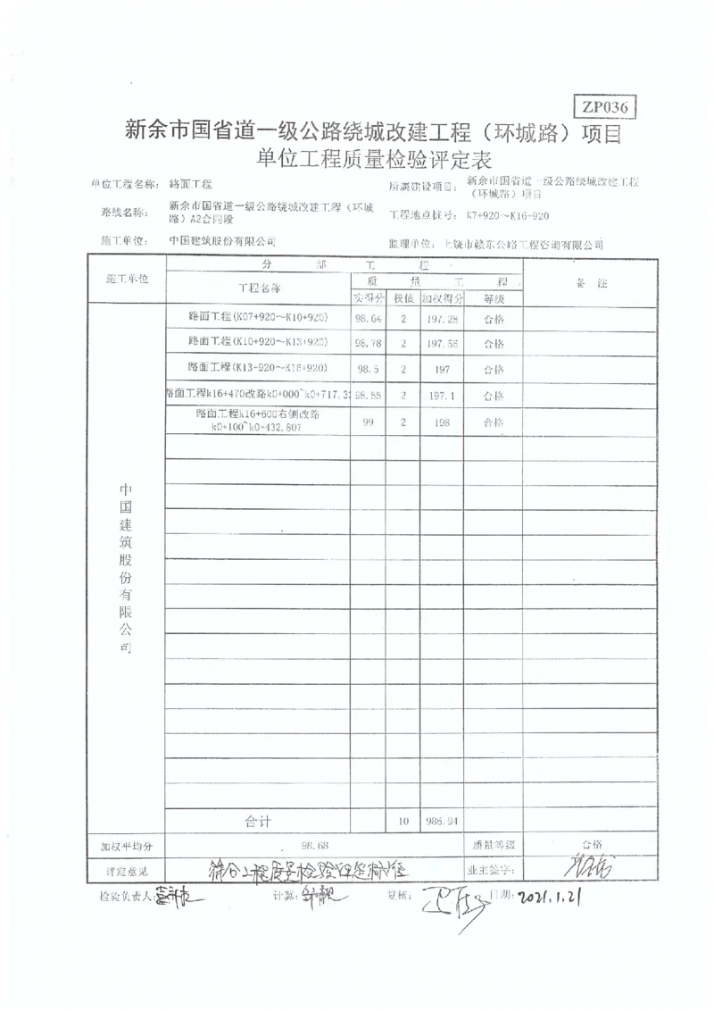 4、国道G533-交工验收工程质量评定表_2021-2023年优秀施组方案_施工组织设计_施组11-新余环城路项目施工组织设计_交工验收记录_G533