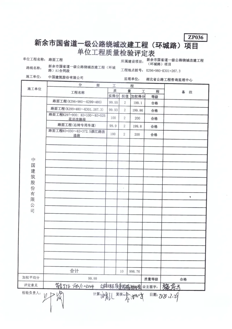 4、质量评定表_2021-2023年优秀施组方案_施工组织设计_施组11-新余环城路项目施工组织设计_交工验收记录_S312