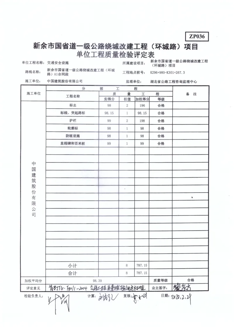 4、质量评定表_2021-2023年优秀施组方案_施工组织设计_施组11-新余环城路项目施工组织设计_交工验收记录_S312