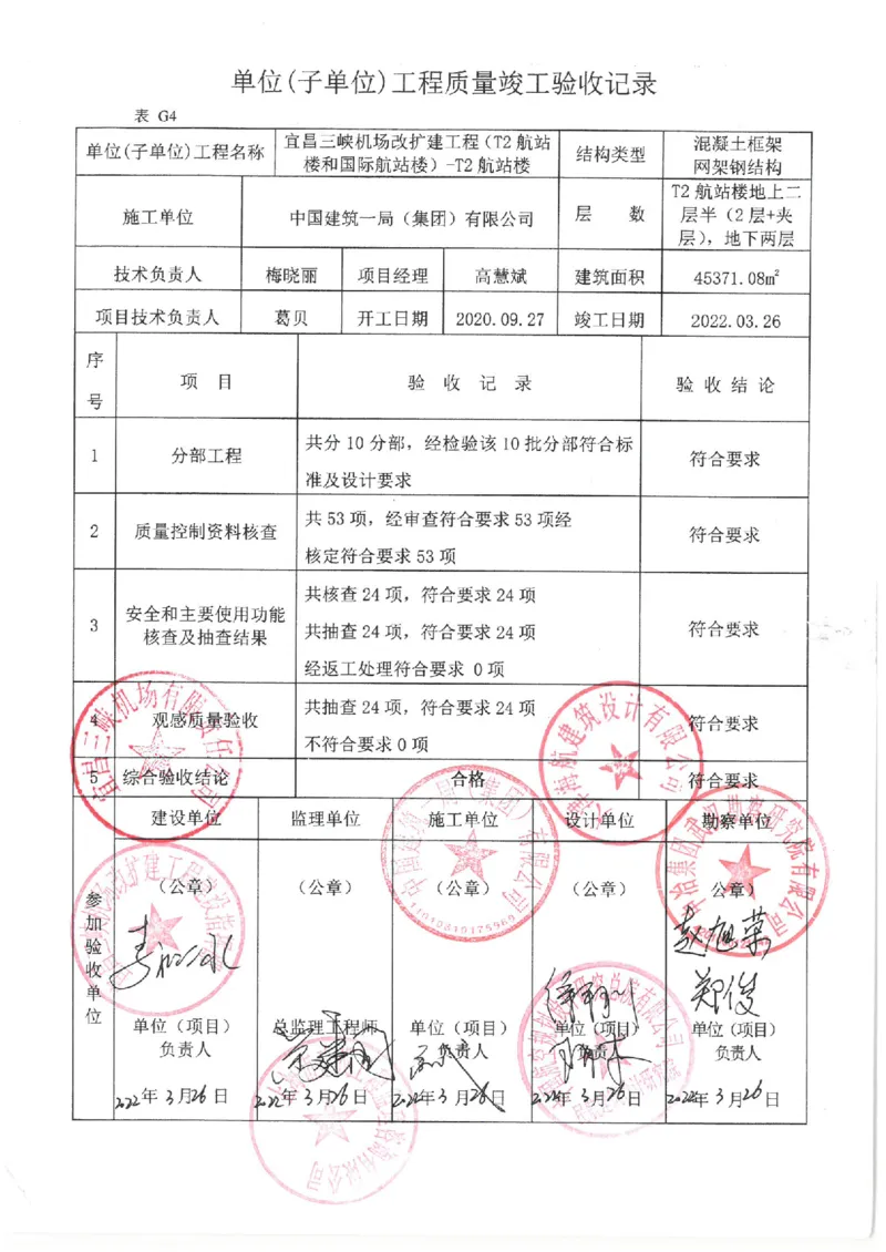 单位工程质量竣工验收记录_2021-2023年优秀施组方案_施工组织设计_施组04-宜昌三峡机场航站楼工程施工组织设计