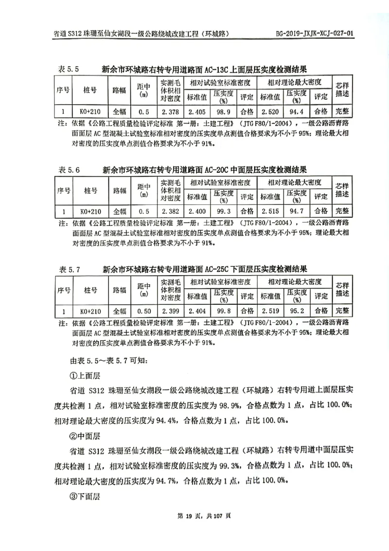 8、路面检测报告_2021-2023年优秀施组方案_施工组织设计_施组11-新余环城路项目施工组织设计_交工验收记录_S312