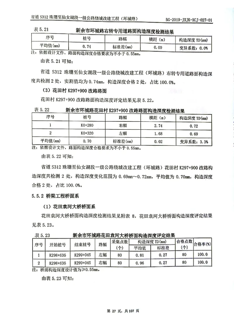 8、路面检测报告_2021-2023年优秀施组方案_施工组织设计_施组11-新余环城路项目施工组织设计_交工验收记录_S312