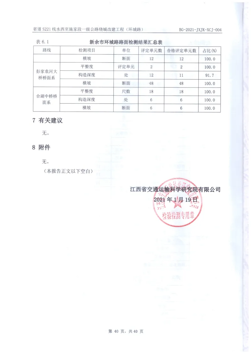 8、路面检测报告_2021-2023年优秀施组方案_施工组织设计_施组11-新余环城路项目施工组织设计_交工验收记录_S221
