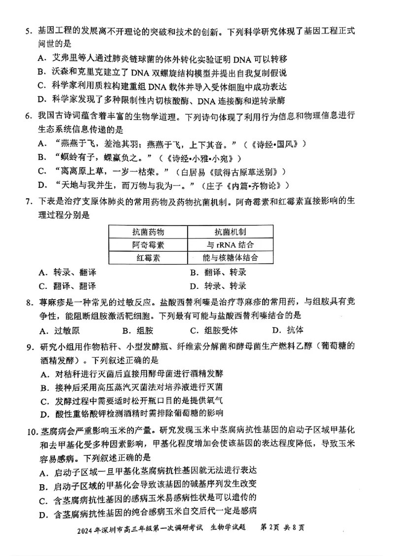2024年2月深圳市高三一模生物试卷_@高三模考真题_2024年2月深圳市高三一模试卷及答案